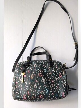 Fossil Rachel Black Green Multicolor Leopard Print Crossbody Satchel